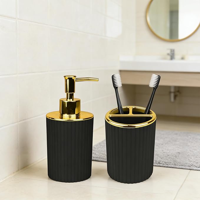 Bathroom Accessories Set, 2-Piece Black & Gold Soap Dispenser & Toothbrush Holder, Modern ABS Vanity Organizer for Countertop, Minimalist Bathroom Decor