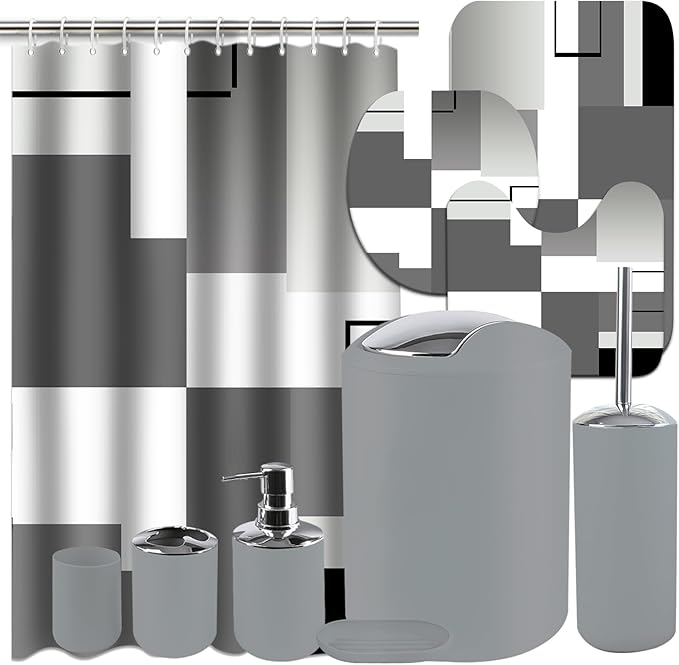 Lnond Grey Bathroom Set, 22-Piece Orange Geometry Bathroom Decor Set with with Shower Curtain and Rugs, Trash Can, Toilet Brush Holder Set & Soap Dispenser