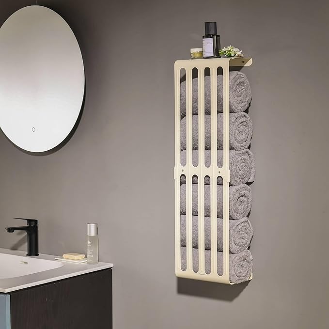 simpletome Towel Storage Rack Adjustable Height Wall Mount Bathroom Shelf Organizer Carbon Steel (Matte Cream)