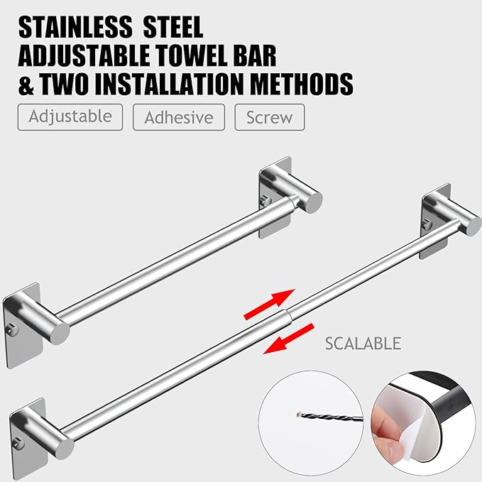 Towel Bar, 14inch to 25inch Adjustable Towel Holder Rod, Self Adhesive Wall Mounted Hand or Body Towel Rack for Bathroom Kitchen, Stainless Steel Organizer Single Bar (Chrome, 2 Pack)