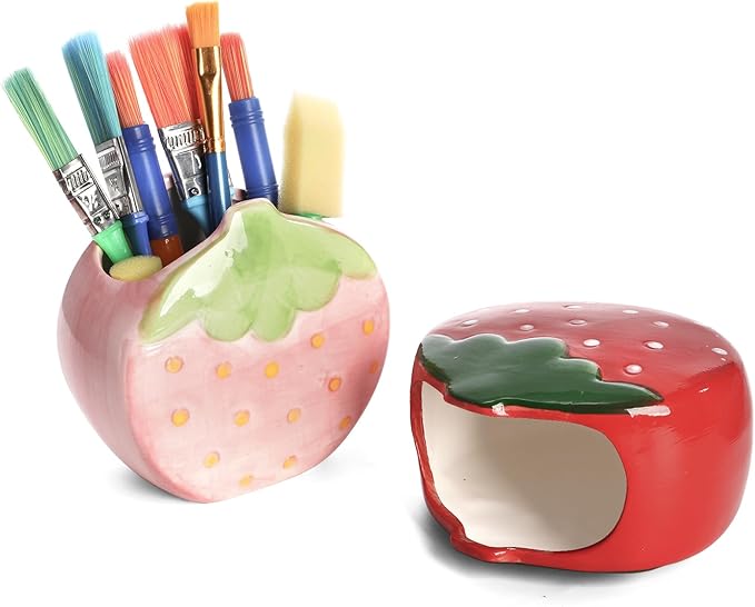 Okllen Set of 2 Ceramic Cute Makeup Brush Holders, Kawaii Strawberry Pen Holder Pink&Red for Desk, Cute Office Home Vanity Decor, Gift for Women Girls