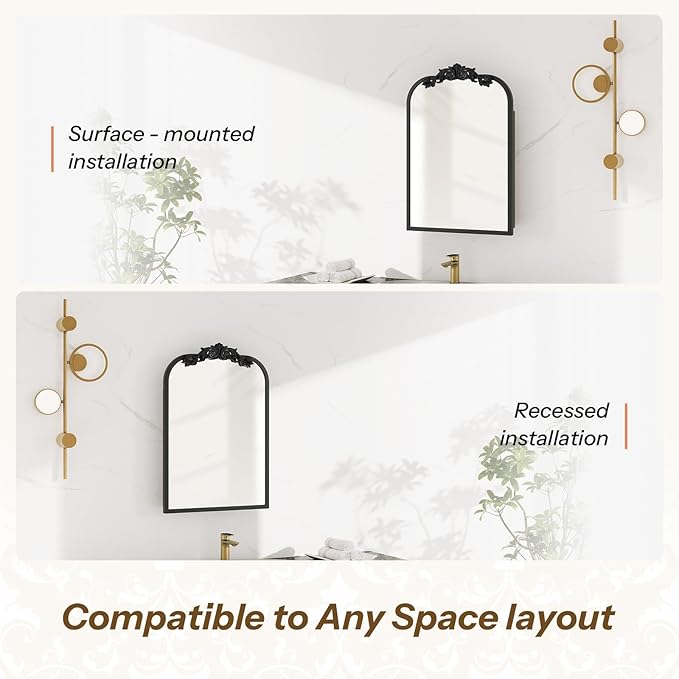 16x24 Inch Bathroom Medicine Cabinet with Mirror, Recessed or Surface Mount, Sturdy, Durable & Easy Installation, Vintage Metal Frame(Black)