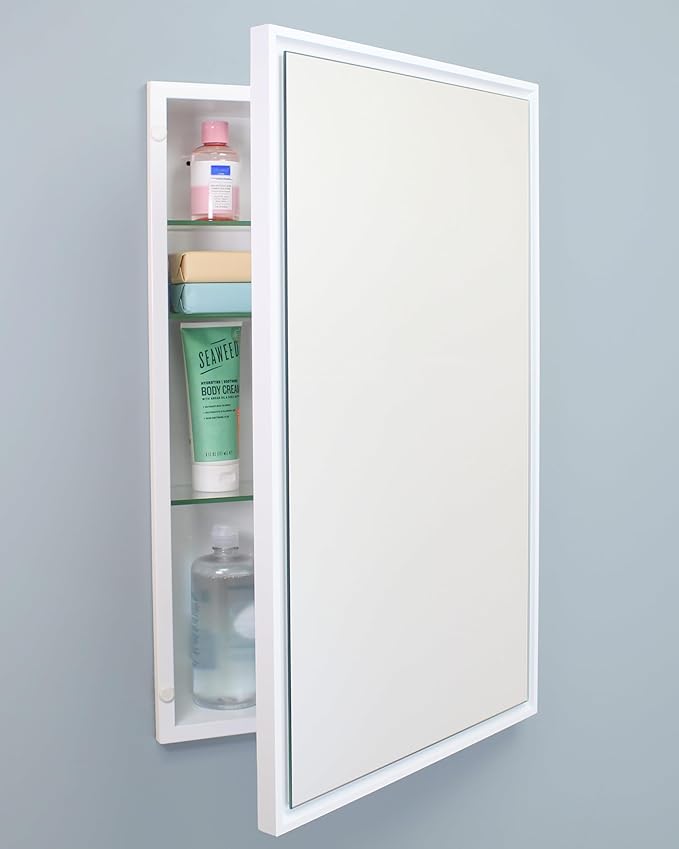 Fox Hollow Furnishings 16x26 Parker Metro Metal Framed Rectangle Recessed Bathroom Medicine Cabinet, Floating Mirror, 14x24 in-Wall Opening, Steel, Adjustable Glass Shelves, Magnet Close, White