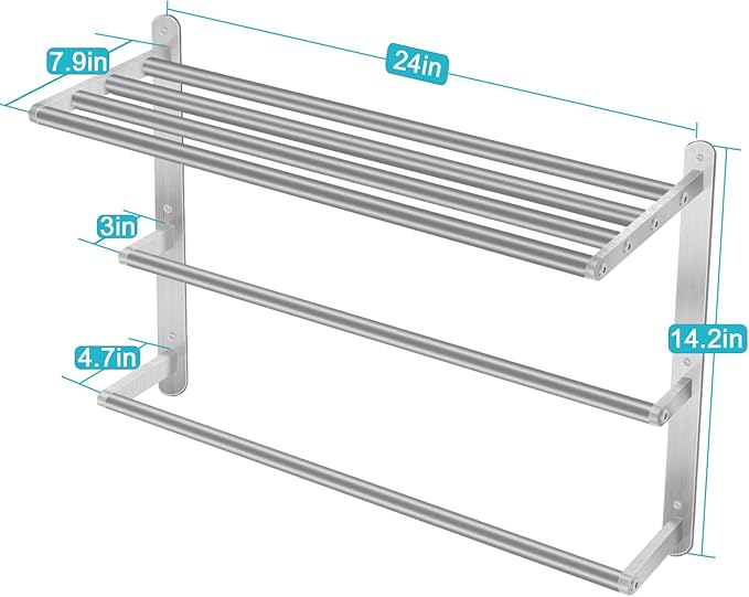 Towel Racks for Bathroom, 24 in Towel Shelf with Double Towel Bar, Stainless Steel Towel Storage for Lavatory Wall Mounted, 3-Tier Towel Hanger Towel Holder, Brushed Nickel