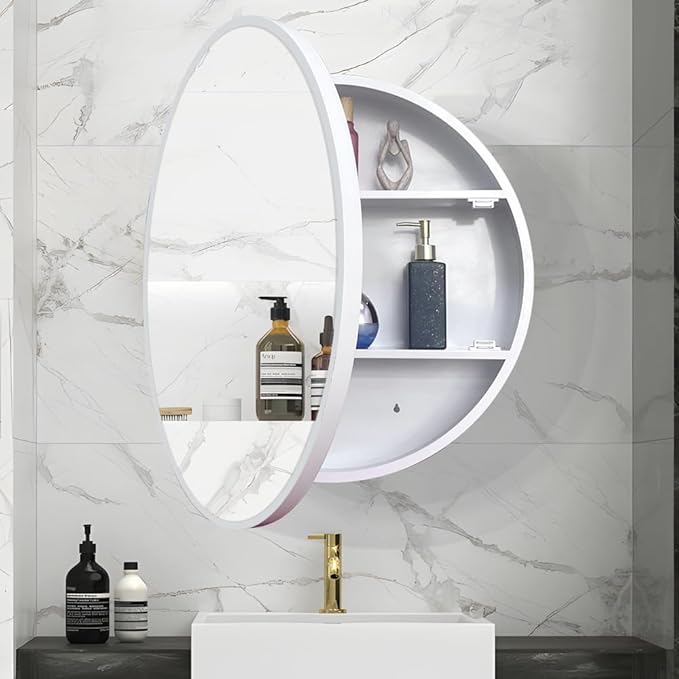 Round Medicine Cabinet,Medicine Cabinet with Mirror,Aluminum Framed,Soft Close Hinge,20inch,White