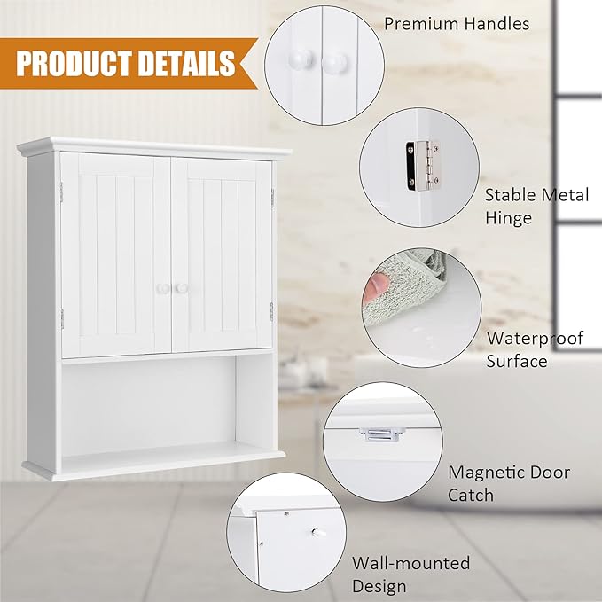 COSTWAY Wall Mounted Bathroom Cabinet, Over The Toilet Storage Cabinet w/Double Doors & Adjustable Shelf, Wood Hanging Medicine Cabinet for Living Room, Entryway, Kitchen (White)