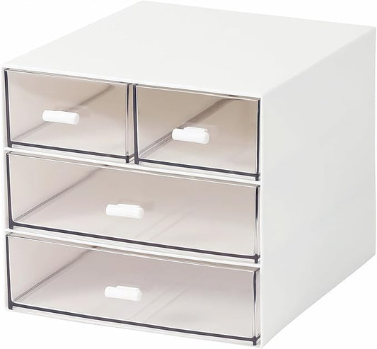 MILULUGO Makeup Organizer with 4 Drawers, Desk Organizer, Cosmetics Storage Box for nail polish, Lipstick, Brushes, Jewelry, Skincare, Bathroom Organization Boxes - White