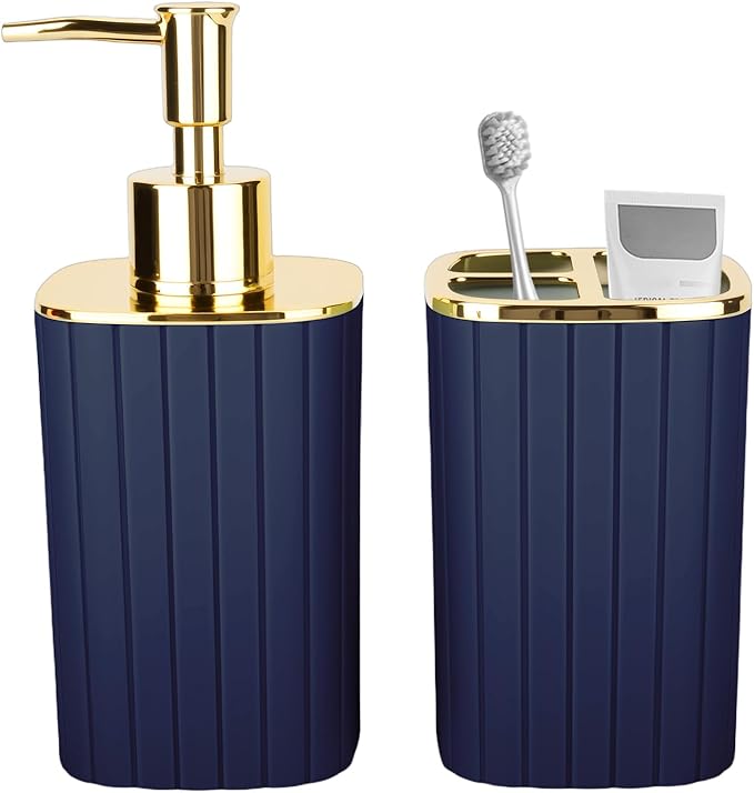 2PCS Bathroom Accessories Set, Navy Blue Bathroom Accessories Include Soap Dispenser and Toothbrush Holder for Boho Bathroom Decor