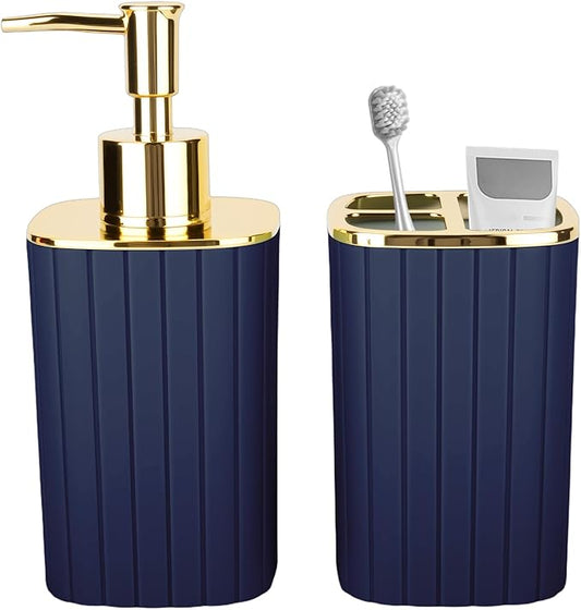 2PCS Bathroom Accessories Set, Navy Blue Bathroom Accessories Include Soap Dispenser and Toothbrush Holder for Boho Bathroom Decor
