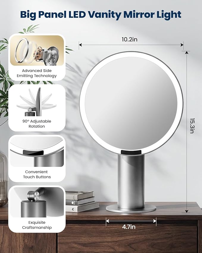 SJZX Silver Lighted Makeup Mirror with Travel Case & 10X Magnification, Rechargeable Vanity Mirror with Lights, 70 LED 3CCT Lighting, Portable Mirror for Desk & Travel, Gift for Women Wife Girlfiend