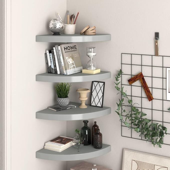 Floating Corner Shelves Set of 4 Gray 13.8"x13.8" Wall Mounted Shelves with Invisible Bracket, Honeycomb MDF & Metal Storage Shelving for Bathroom Bedroom Living Room Home Decor
