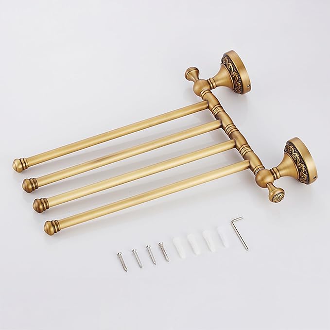 Wall Mounted Bathroom Folding Towel Rack, 4 Towel Bars Antique Brass Pattern Carving,Brushed Bronze