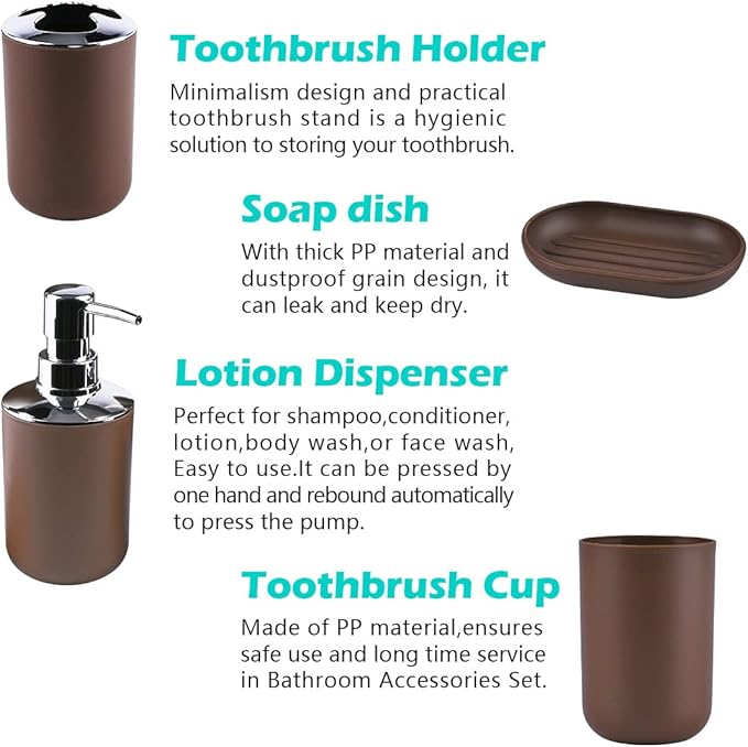 Papillon 6-Piece Bathroom Organization Set, Toothbrush Holder with Cup, Soap Dispenser & Dish, Toilet Brush, Trash Can, Tumbler Set (Coffee)