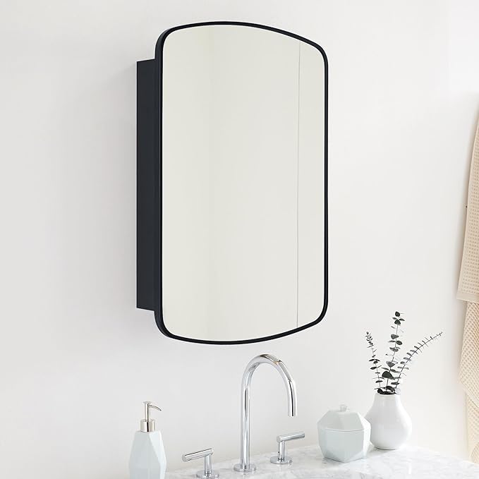 Black Arched Recessed and Surface Mount Bathroom Medicine Cabinet with Mirror Metal Framed Rectangular Bathroom Cabinet with 3 Tempered Glass Adjustable Shelves 18x27''