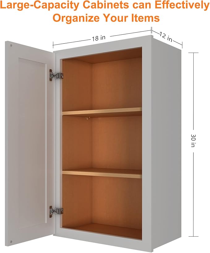 ROOMTEC (Light Gray Wood Wall Cabinet, RTA Single Door Medicine Cabinet with Adjustable Shelves and Soft-Close Door for Kitchen, Bathroom, and Laundry. 12" D*18" W*30" H