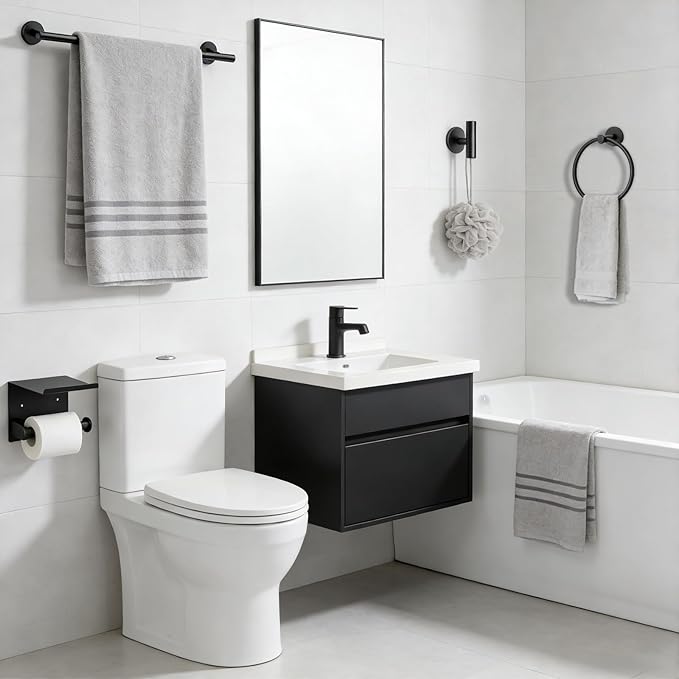 4-Pieces Wall Mount Bathroom Accessories Bathroom Hardware Set,23.6 Inch Stainless Steel Waterproof Towel Bars,Toilet Paper Holder with Shelf,Towel Ring,Coat Hook,Matte Black