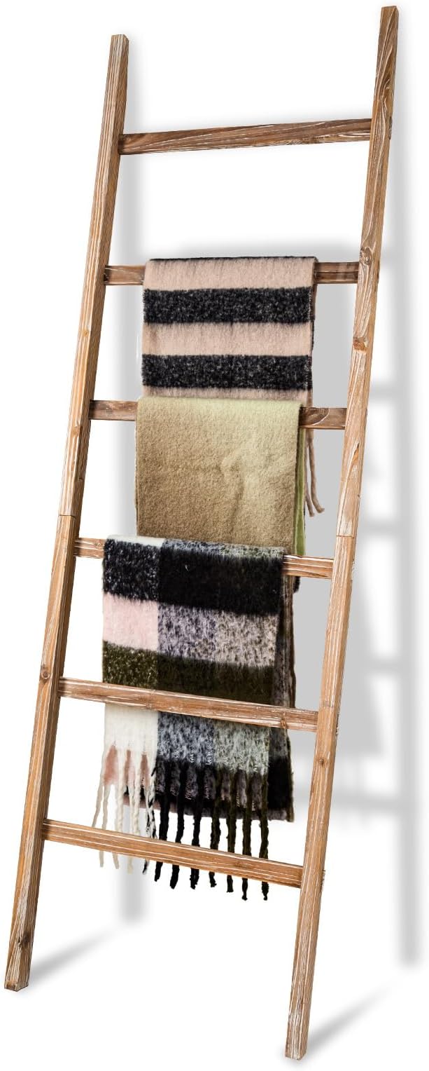RANXFLOAT 6-Tier Blanket Ladder Wooden, Blanket Quilt Towel Holder Rack Decorative Ladder, Rustic Farmhouse Ladder Shelf for The Living Room Bedroom Home Decor Carbonized Wood 24 Inch