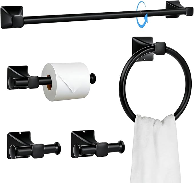 5-Piece Matte Black Bathroom Hardware Accessories Set, Stainless Steel Bathroom Towel Bar Set, 24 Inch Towel Bar, Towel Ring, Toilet Paper Holder, 2 Towel Hooks, Towel Racks for Bathroom Wall Mounted