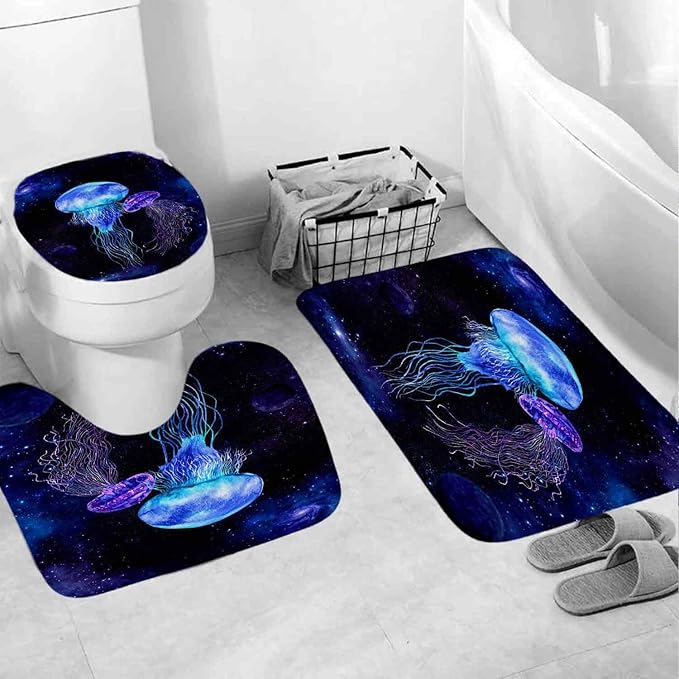 4 Pcs Jellyfish in Starry Galaxy Shower Curtain Sets, Fantasy Jellyfish Shower Curtains Waterproof Polyester Fabric, Fabric Universe Outer Space Theme Bathroom Decor with 12 Hooks, 72" x 72"