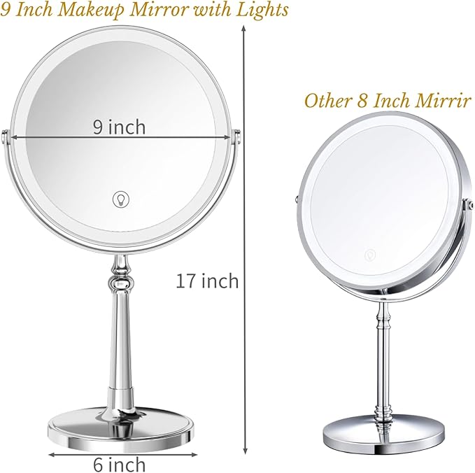 9" Large Make up Vanity Mirror with Lights Chrome Two Way Mirror 1x/10x Magnifying Mirrors with Light and Stand 4000mAh Rechargeable Led Makeup Mirrors for Desk Dresser Table