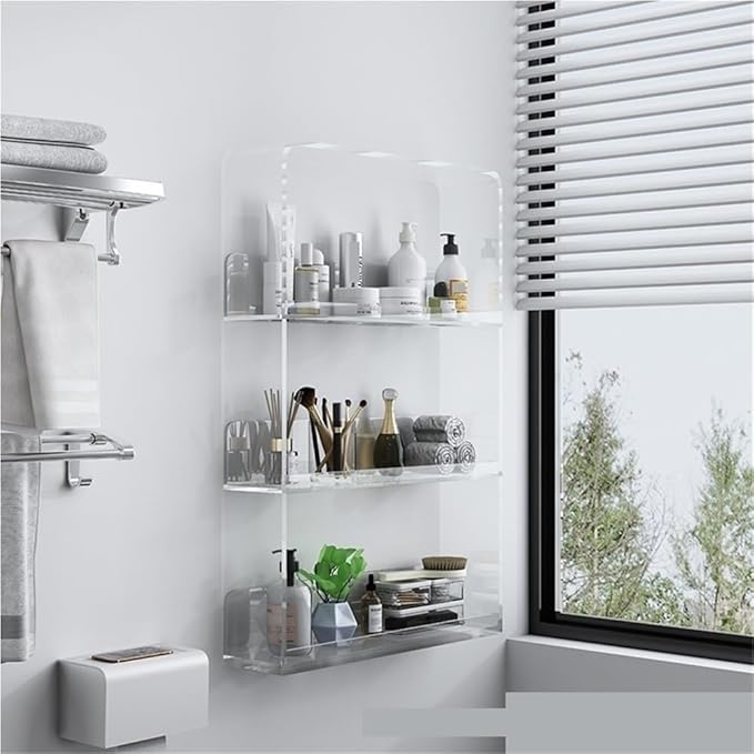 3-Tier Acrylic Bathroom Wall Shelf, Simple Wall Shelves for Toiletries, Perfume and Cosmetics, Clear Bathroom Organizer for Home, Toilet and Vanity(Clear)