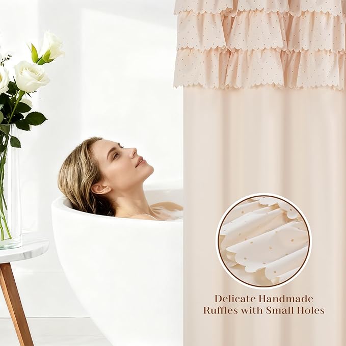 Beige Ruffle Shower Curtain with Small Holes, Girls Women Fabric Shower Curtain with Delicate Handcrafted Ruffles, Waterproof Ruched Farmhouse Decorative Bathroom Curtain, 72" W x 72" H
