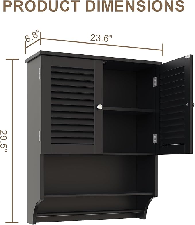 ChooChoo Bathroom Wall Cabinet with Towels Bar, 23.6" L x 8.8" W x 29.5" H MDF Material Medicine Cabinet, 2 Doors Over The Toilet Space Saver Storage Cabinet with Large Space, Black