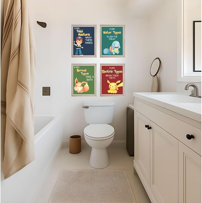 Silly Goose Gifts Even Electric Types Brush Teeth Take A Bath Wash Hands Bathroom Wall Art Decor Prints Reminder Sign (Set of Four) Pocket Monster