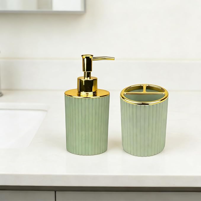 Bathroom Accessories Set, 2-Piece Green & Gold Soap Dispenser & Toothbrush Holder, Modern ABS Vanity Organizer for Countertop, Minimalist Bathroom Decor