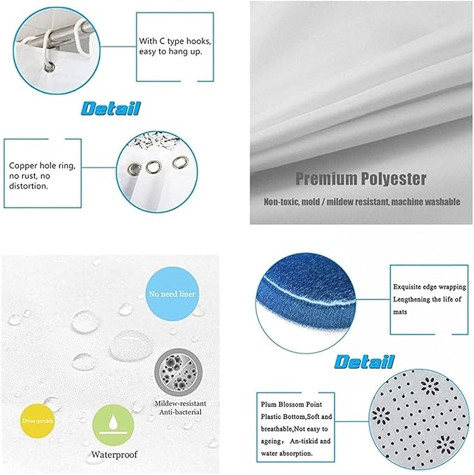 Bathroom 4 Pieces Set Shower Curtain, Toilet Lid Cover and Bath Mat, Non-Slip Rugs, Durable and Waterproof, for Bathroom Decor Set, 72" x 72"