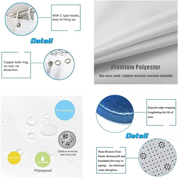 Cola Bathroom 4 Pieces Set Shower Curtain, Toilet Lid Cover and Bath Mat, Non-Slip Rugs, Durable and Waterproof, for Bathroom Decor Set, 72" x 72"