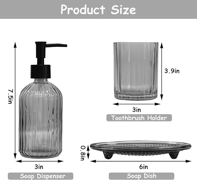 Glass Bathroom Accessories Set, 4Pcs Soap Dispenser Set Includes Soap Dispenser, Toothbrush Holder, Mouthwash Cup, Soap Dish for Home Decor, Countertop Vanity Organize (Grey)