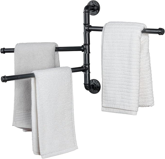 MyGift 3 Tier Swivel Towel Rack, Wall Mounted Bathroom Bath Towel Bar, Hanging Hand Towel Holder, Black Metal Industrial Pipe Design