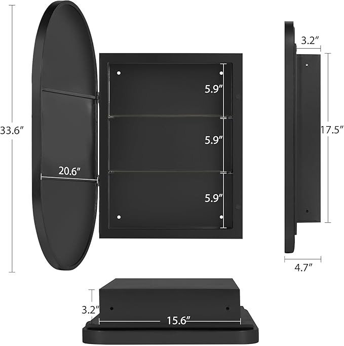 SogesHome Medicine Cabinet with Mirror, 21x34 Oval Mirror Cabinet, Wall Mount Recess Bathroom Vanity Mirror with Storage with 2 Shelves, Perfect for Bathroom, Black