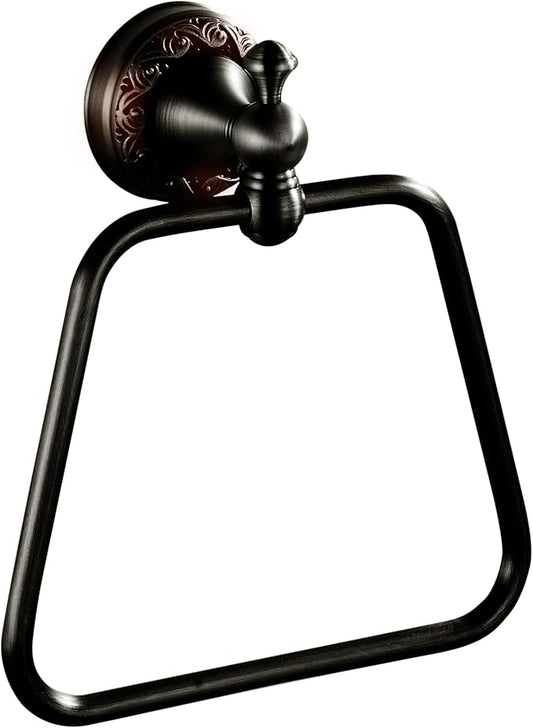 Oil Rubble Bronze Brass Bath Trapezoidal Towel Ring Towel Holder, Wall Mounted Black Bathroom Hardware Accessories, Pattern Carving Design