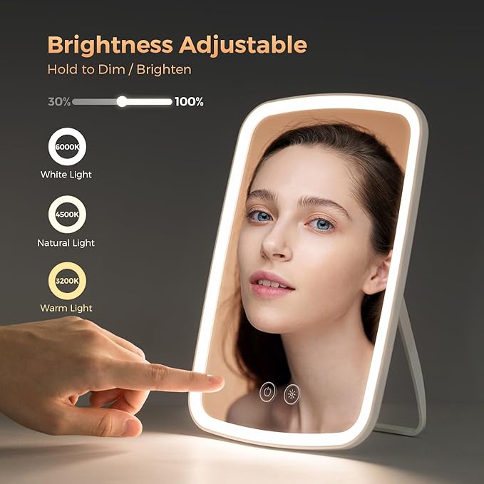 NEZZOE Lighted Makeup Mirror, Portable Mirror with Lights, 1500mAh Rechargeable Vanity Mirror with 3 Colors and Brightness Adjustable, 9.4"x6.6"