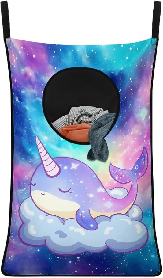 ZOUTAIRONG Galaxy Whale Print Hanging Laundry Hamper Reusable Storage Organizers Over The Door Laundry Hamper Clothes Laundry Baskets Zipper Dorm Room Decor Brown