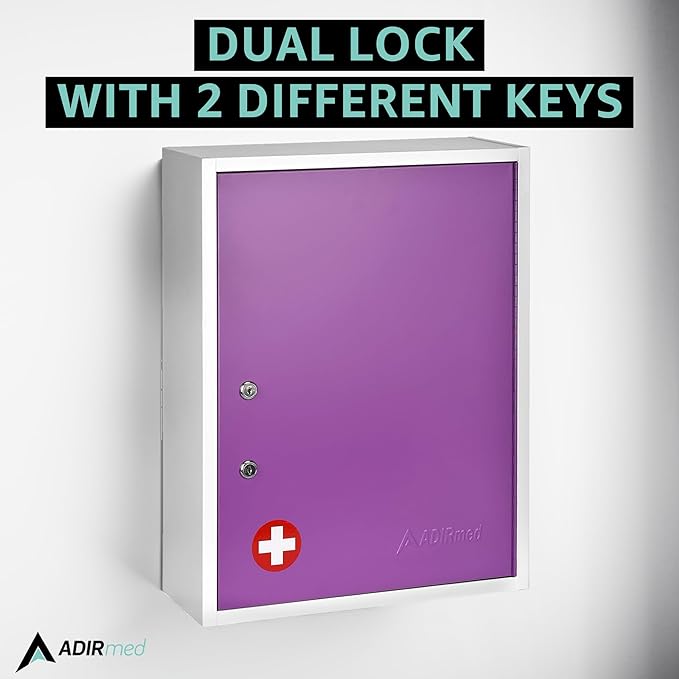 AdirMed Locking Medicine Cabinet Wall Mounted First Aid Cabinet with Lock, Lockable Wall Medicine Cabinet with Dual Lock and Dual Keys, 21" H x 16" W x 6" D, Purple