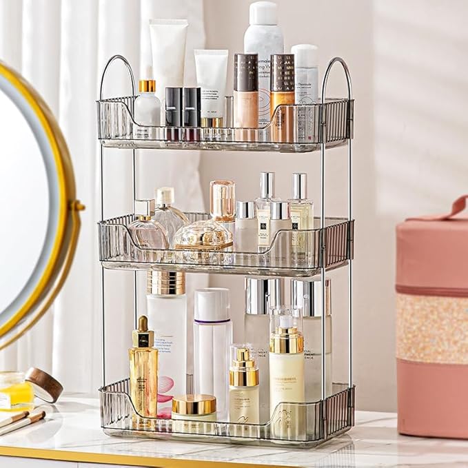 Bathroom Organizer Countertop, Vanity Trays for Skincare Makeup, Counter Organizer for Cosmetics, Toiletries, Lotions, Perfumes (3 Tiers, Grey)