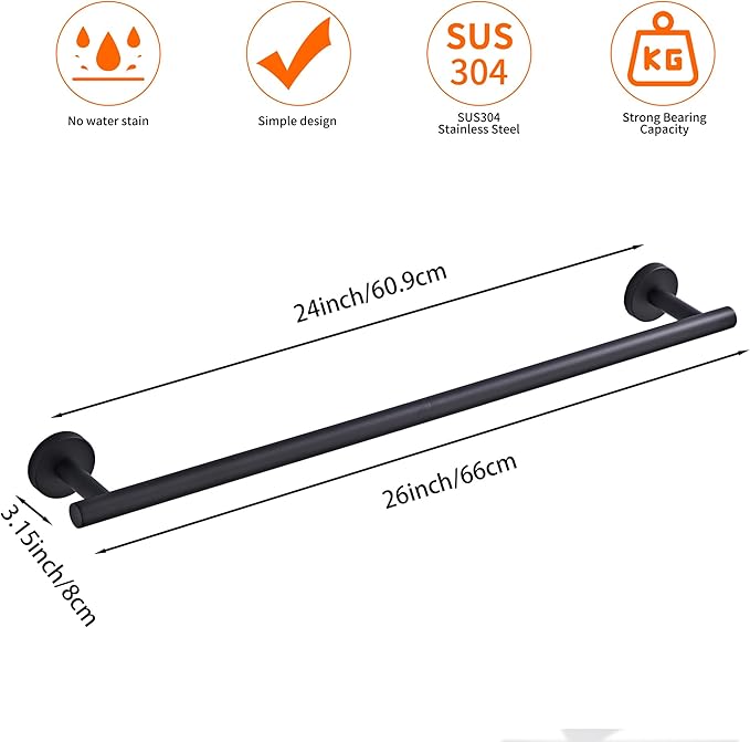 Bathroom Towel Bar, 24-Inch Towel Rack for Bathroom Wall Mounted, Matte Black Thicken SUS304 Stainless Steel Towel Rod Modern Home Decor(Total Length 26-Inch)