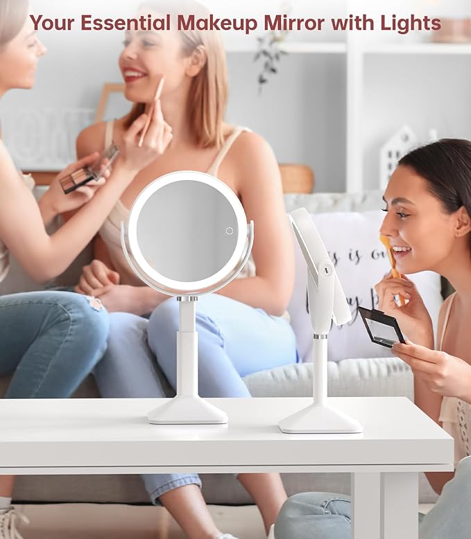 Benbilry 20X Magnifying Mirror with Light, Rechargeable 4000mAh Lighted Makeup Mirror with Magnification, Adjustable Height, 3 Color Modes, 2-Sides Vanity Mirrors for Desk Bathroom Bedroom, White