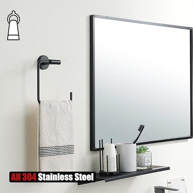 JQK Black Towel Ring, Stainless Steel Square Ring Towel Holder for Bathroom, 6 Inch Matte Black Wall Mount, TR140-PB