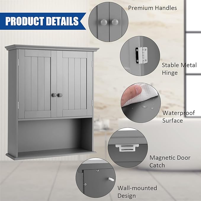 COSTWAY Wall Mounted Bathroom Cabinet, Over the Toilet Storage Cabinet w/Double Doors & Adjustable Shelf, Wood Hanging Medicine Cabinet for Living Room, Entryway, Kitchen (Gray)