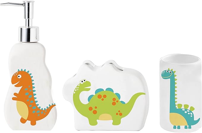 Kids Dinosaur Bathroom Set – 3-Piece Fun Bathroom Accessories for Kids, Including Toothbrush Holder, Soap Dispenser, and Cup – Adorable Dinosaur Décor for a Playful Bathroom.