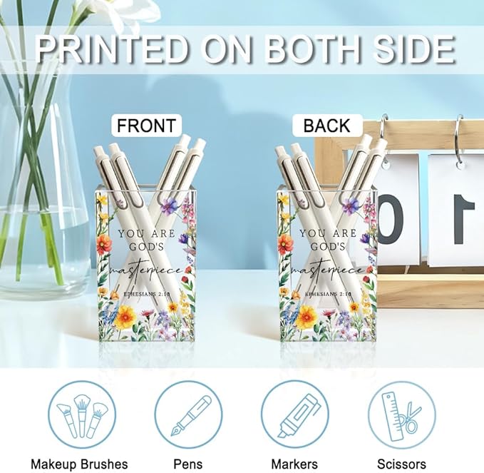 You Are God's Masterpiece Acrylic Pencil Holder Cup, Floral Christian Pen Holder for Desk, Christian Gifts for Women Girls, Bible Verses Makeup Brush Organizer for Home Office Desk Accessories