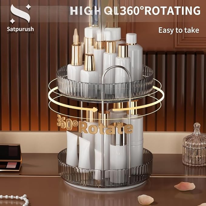 360° Rotating Makeup Organizer, 2 Tier Spinning Cosmetic Organizer for Vanity & Bathroom Countertop, Holds Tall Skincare Bottles, Perfume & Beauty Accessories – Clear Grey