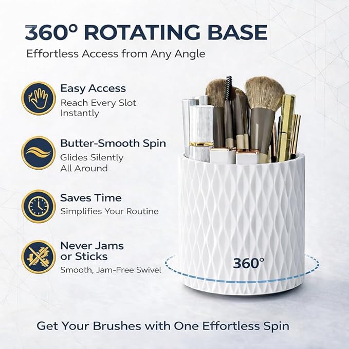 Makeup Brush Holder Organizer, 360?? Rotating 5-Slot Make up Brushes Cup for Cosmetic, Lipstick, Hair Brush Holder - Spinning Vanity Countertop Caddy for Bathroom, Dorm & Office, White