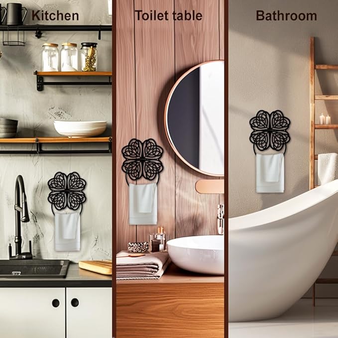MAYJOYDIY Four Leaf Clover Metal Towel Ring Saint Patrick's Day Style Towel Holder Bath Towel Ring Black Art Towel Rack Wall Mounted for Bathroom Kitchen Towel Hanger Home Decors Gift