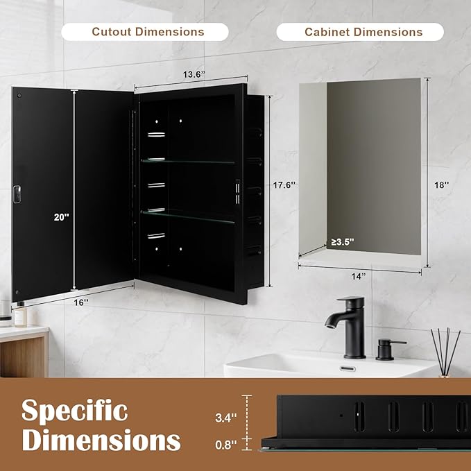 16x20'' Bathroom Medicine Cabinet Mirror with Storage, Surface Mount or Recessed Medicine Cabinet with 3-Tiered Adjustable Tempered Glass Shelves