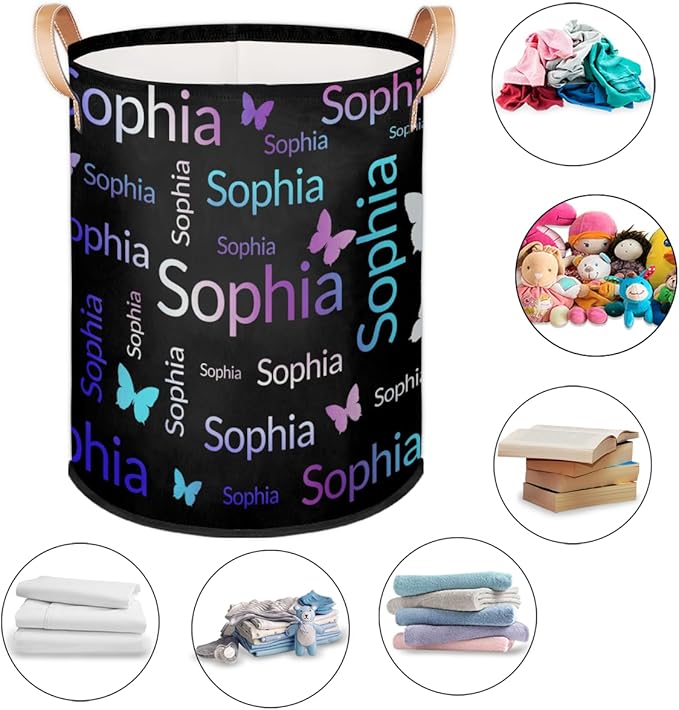 Custom Purple Pink Green Butterfly Laundry Hamper, Personalized Laundry Baskets with Handles Dirty Clothes Hamper Storage Basket